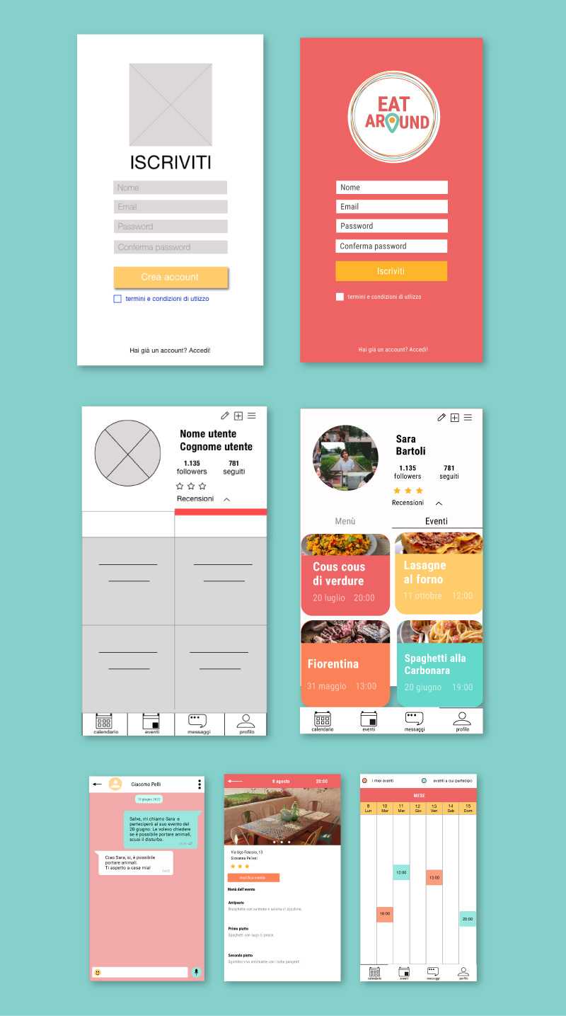 artboard di presentazione di mockup high fidelity e wireframes di applicazione mobile smartphone Eat Around 