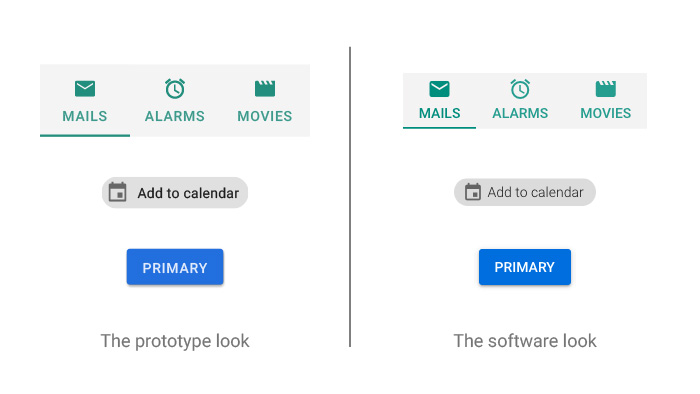 A Material Design tabs, chip and button prototypes compared with Quasar components