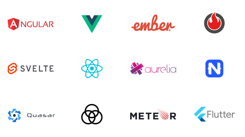 list of frameworks: Angular, VueJS, Ember, Svelte, React, Aurelia, NodeJS, Quasar, Meteor, Flutter