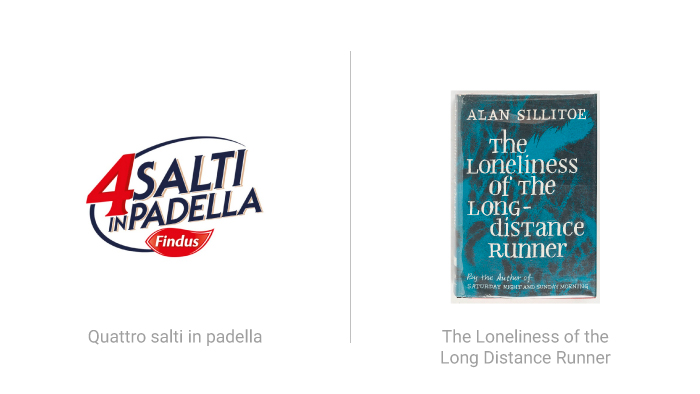 Logo di Quattro salti in padella e copertina del libro The Loneliness of the long distance runner